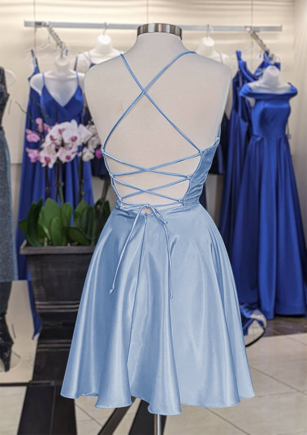 Vestido de fiesta corto/mini de charmeuse, sin mangas y con escote en V y pliegues